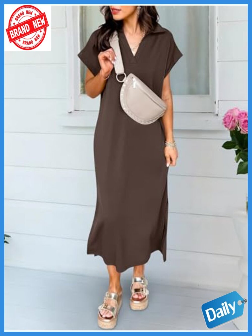 Short Sleeve V-Neck Maxi Dress with Pockets, Casual Loose Fit, Wrinkle-Free - Picture 2 of 6
